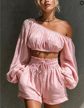 Load image into Gallery viewer, Women's One-Shoulder Ruched Crop Top & High-Waist Shorts Set