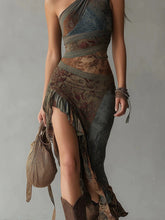 Load image into Gallery viewer, Retro Patchwork Print Asymmetric Slip Dress – High-Waist High-Slit Boho Maxi Dress