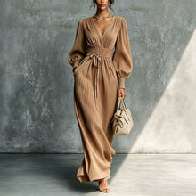 Load image into Gallery viewer, Women's Deep V-Neck Pleated Bishop Sleeve Smocked Waist Maxi Dress