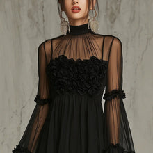 Load image into Gallery viewer, Women's Floral Embroidered Sheer Lace Dress — High Neck Flared Sleeve