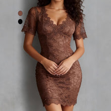 Load image into Gallery viewer, V-Neck Lace Bodycon Pencil Dress – Fitted Slimming Midi Dress