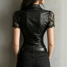 Load image into Gallery viewer, Black PU Leather Button Shirt with Lace Patchwork Cuffs – Gothic Slim Fit Top