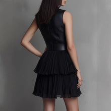 Load image into Gallery viewer, Black PU Leather Spliced Mini Dress – Sleeveless Double-Layer Ruffle Hem