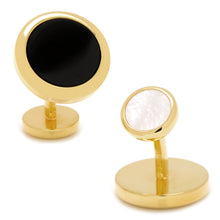 Load image into Gallery viewer, Double Sided Gold Onyx Round Beveled Cufflinks