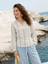 Load image into Gallery viewer, Linen Tribal Stripe Split Neck Bohemian Blouse KERENZA