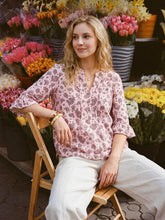 Load image into Gallery viewer, Linen Paisley Pintucked Ruffle-Cuff Curved Hem Blouse ILARIA