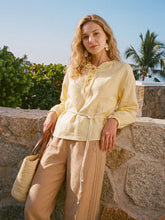 Load image into Gallery viewer, 100% Linen Lace-Up Shirred Lantern Sleeve Blouse DOROTHEA