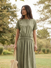 Load image into Gallery viewer, 100% Linen Drop Shoulder Split-Back Double Shirred Hem Top LINDSEY
