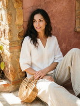 Load image into Gallery viewer, 100% Linen Lace Trim Lantern Sleeve V-Neck Top LIVIAN