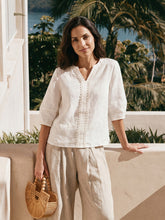 Load image into Gallery viewer, 100% Linen Lace Trim Lantern Sleeve V-Neck Top LIVIAN