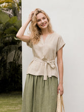 Load image into Gallery viewer, 100% Linen Plaid Detachable Tie-Belt Split-Neck Top LEXIE