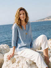 Load image into Gallery viewer, 100% Linen Drop Shoulder V-Neck Statement Button Top LISARA