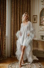 Load image into Gallery viewer, Luxury Ostrich Feather Satin Bridal Robe – White/Ivory Train, Holiday Photoshoot Gift