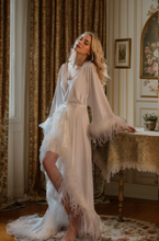 Load image into Gallery viewer, Luxury Ostrich Feather Satin Bridal Robe – White/Ivory Train, Holiday Photoshoot Gift