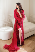 Load image into Gallery viewer, Luxury Ostrich Feather Satin Bridal Robe – White/Ivory Train, Holiday Photoshoot Gift