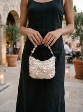 Load image into Gallery viewer, Luxe Handcrafted Mother of Pearl Disc Clutch for Special Occassion & Summer Vacations