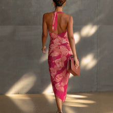 Load image into Gallery viewer, Carmine Red Backless Halter Maxi Dress – Printed High-Slit Slim-Fit Long Dress for Women