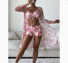 Load image into Gallery viewer, Mesh Cover-Up Three-Piece Swimwear Set – Bikini with Leg-Length Briefs