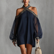 Load image into Gallery viewer, Women's Off-Shoulder Embroidered Mini Dress | Sheer Lantern Sleeve A-Line Resort Dress