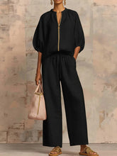 Load image into Gallery viewer, Women's Casual Loose Zipper Round Neck Wide-Leg Pants Set