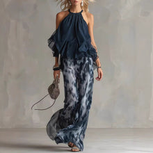 Load image into Gallery viewer, Women's Halter Neck Ruffle Chiffon Top & Tie-Dye Wide Leg Pants Set