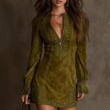 Load image into Gallery viewer, Women's Lace Trim Zip-Front Long Sleeve Mini Dress – Fitted Bodycon Boho Retro