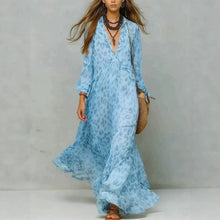 Load image into Gallery viewer, Women's Leopard Print Chiffon Deep V-Neck Flared Maxi Dress | Three-Quarter Sleeve Beach Vacation Dress