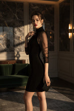 Load image into Gallery viewer, Black High Neck Long Sleeve Sheath Midi Dress – Mesh Overlay Formal Evening Dress