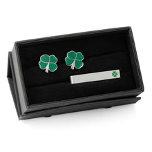 Load image into Gallery viewer, Green Clover Cufflinks and Tie Bar Gift Set