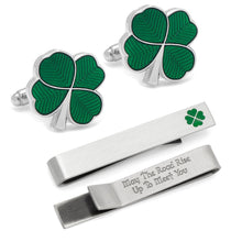 Load image into Gallery viewer, Green Clover Cufflinks and Tie Bar Gift Set