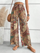 Load image into Gallery viewer, Women's Paisley Print Wide-Leg Pants – Boho Smocked Elastic Waist Tie-Up Flowy Trousers