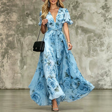 Load image into Gallery viewer, Women's Deep V-Neck Ruffle Sleeve Printed Maxi Dress – High Waist