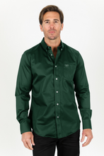 Load image into Gallery viewer, Men’s Single Pocket Logo Modern Fit Stretch Dress Shirt - Green