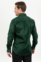Load image into Gallery viewer, Men’s Single Pocket Logo Modern Fit Stretch Dress Shirt - Green