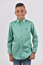 Load image into Gallery viewer, Kid's Cotton Green Monogram Digital Print Dress Shirt