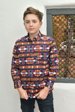 Load image into Gallery viewer, Kid's Cotton Navy Aztec Digital Print Dress Shirt