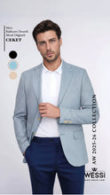 Load image into Gallery viewer, Light Blue Herringbone Pattern Gold Metal Button Slim Fit Men's Blazer Jacket - Wessi