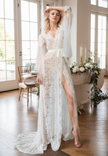 Load image into Gallery viewer, Chantilly Floral Lace Tulle Mesh Long Bridal Robe with Train