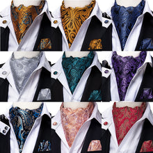 Load image into Gallery viewer, Colorful Silk Ascot/Cravat Tie, Handkerchief & Cufflinks Set