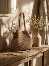 Load image into Gallery viewer, Artisanal Hand-Crocheted Straw Bucket Bag