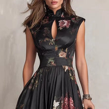 Load image into Gallery viewer, Black Digital Floral Print High-Waist Maxi Dress – Sleeveless Irregular Hem Long Dress