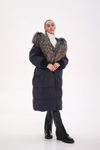 Load image into Gallery viewer, Rei Genuine Fur Trim Hooded Down Coat in Navy