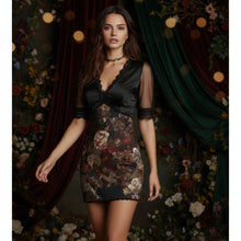 Load image into Gallery viewer, Floral Print Lace Mesh Spliced V-Neck Bodycon Mini Dress