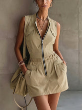 Load image into Gallery viewer, Khaki Sleeveless Workwear Maxi Dress – Stand Collar Zipper Long Dress