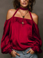 Load image into Gallery viewer, Women's Halter Neck Satin Blouse | Shoulder-Baring Long Sleeve Top in 5 Colors