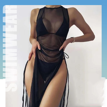 Load image into Gallery viewer, Women's Solid Color Three-Piece Bikini Set with Maxi Dress Cover-Up