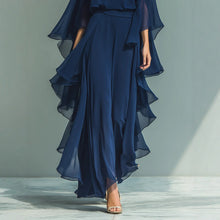 Load image into Gallery viewer, Deep Blue Ruffle Wide-Leg Pants Set – Elegant Two-Piece Batwing Sleeve Outfit for Women