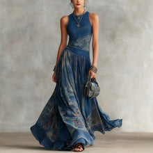 Load image into Gallery viewer, Women's Navy Blue Artistic Print Sleeveless Fitted Bodice Swing Maxi Dress