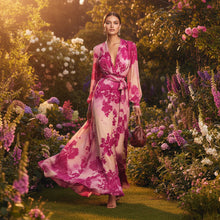 Load image into Gallery viewer, Women's Printed Chiffon Long Sleeve V-Neck Tie-Up Maxi Dress — Floral Fairy Dress