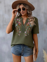 Load image into Gallery viewer, Women's Floral Embroidered Notched V-Neck T-Shirt – Short Sleeve Boho Lace Trim Top